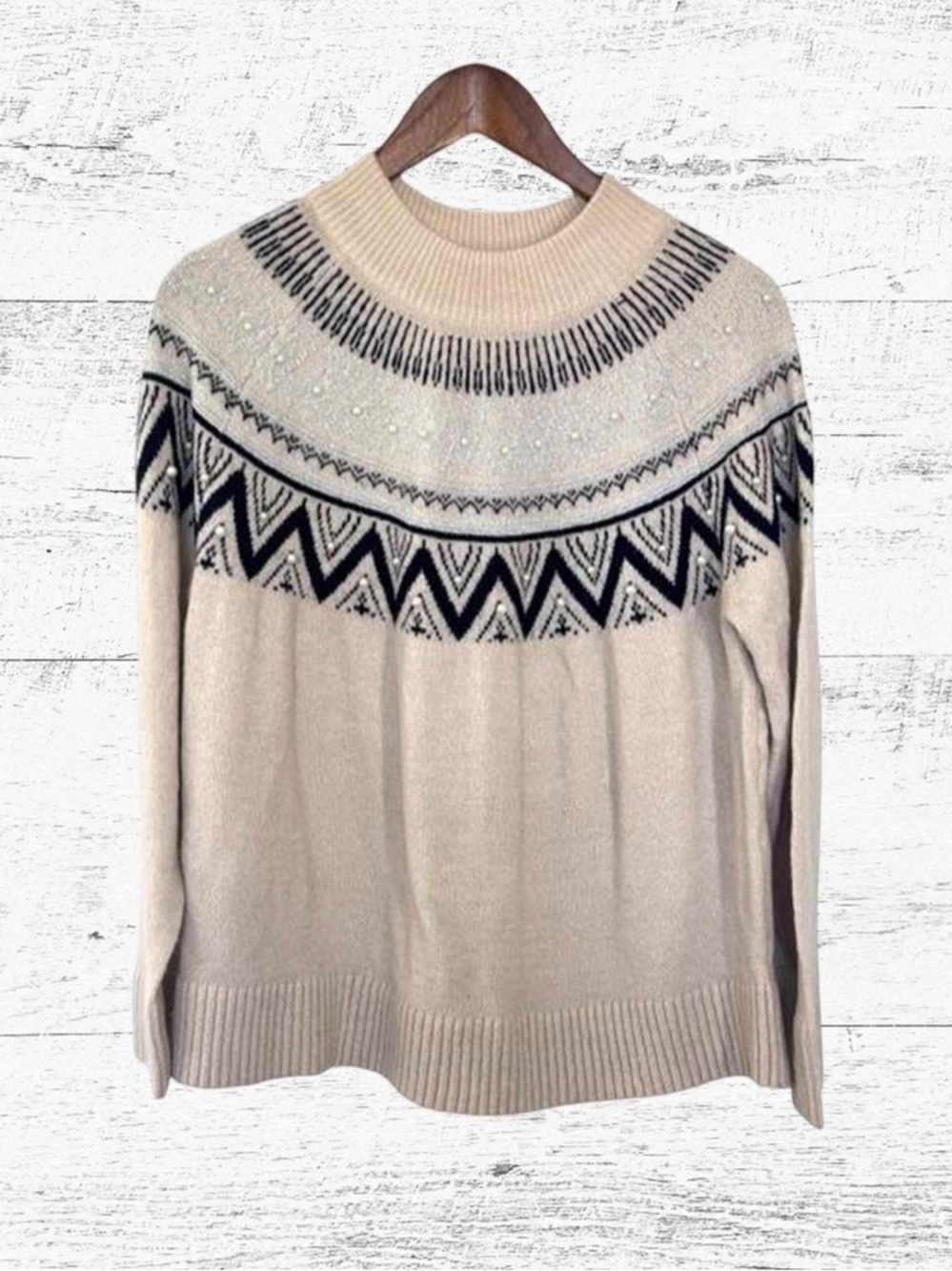 Cream and Black Crew Neck Sweater with Fair Isle Pattern